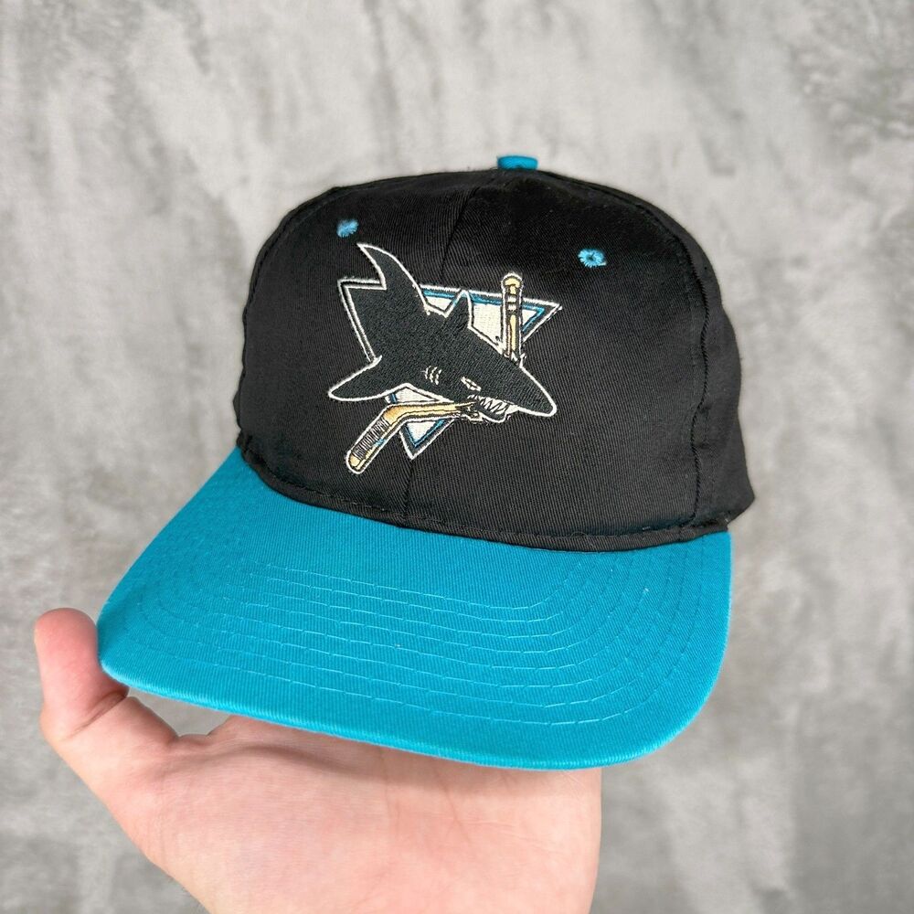 Vtg 90s San Jose Sharks Snapback Hat Cap Black Blue Embroidered Logo NHL Twill